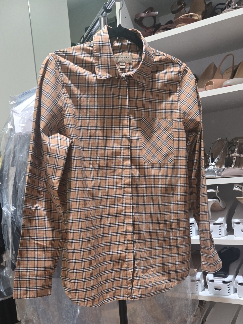 Burberry Tan Plaid Long-Sleeve Button-Down Shirt